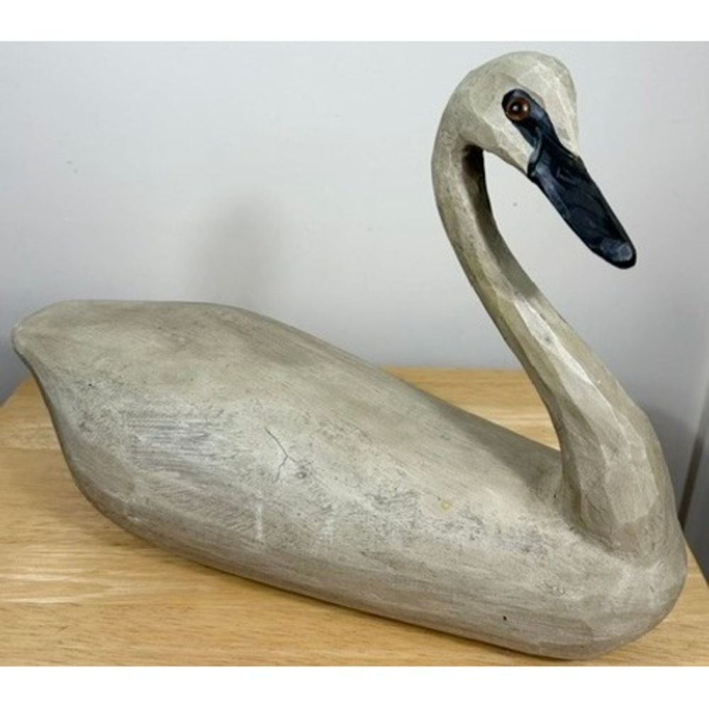 Hand Carved Wooden? Swan Sculpture Large Glass Eye 11.5x15 Grey Rustic Farmhouse